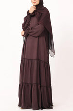 Load image into Gallery viewer, Modest Tiered Maxi Dress in Deep Plum – Elegant Long Sleeve Abaya Style