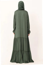 Load image into Gallery viewer, Olive Green Tiered Abaya Dress – Modest Ruffle Maxi Dress with Sleeves abaya