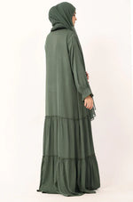 Load image into Gallery viewer, Olive Green Tiered Abaya Dress – Modest Ruffle Maxi Dress with Sleeves abaya