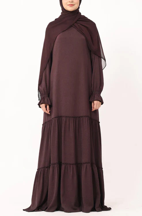 Modest Tiered Maxi Dress in Deep Plum – Elegant Long Sleeve Abaya Style