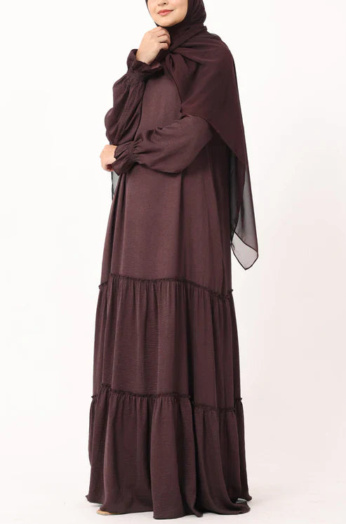 Modest Tiered Maxi Dress in Deep Plum – Elegant Long Sleeve Abaya Style