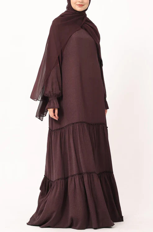 Modest Tiered Maxi Dress in Deep Plum – Elegant Long Sleeve Abaya Style
