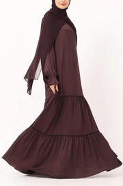 Modest Tiered Maxi Dress in Deep Plum – Elegant Long Sleeve Abaya Style