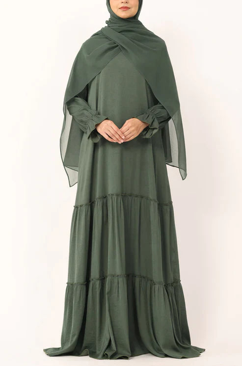 Olive Green Tiered Abaya Dress – Modest Ruffle Maxi Dress with Sleeves abaya