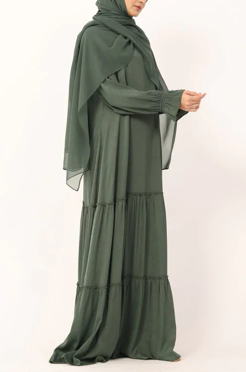 Olive Green Tiered Abaya Dress – Modest Ruffle Maxi Dress with Sleeves abaya