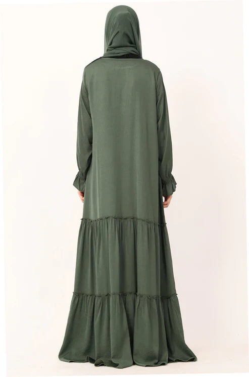 Olive Green Tiered Abaya Dress – Modest Ruffle Maxi Dress with Sleeves abaya
