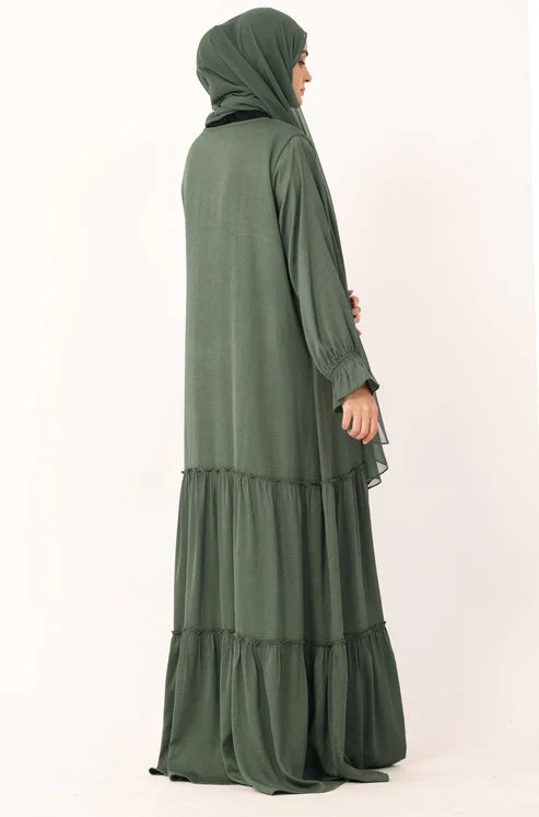 Olive Green Tiered Abaya Dress – Modest Ruffle Maxi Dress with Sleeves abaya