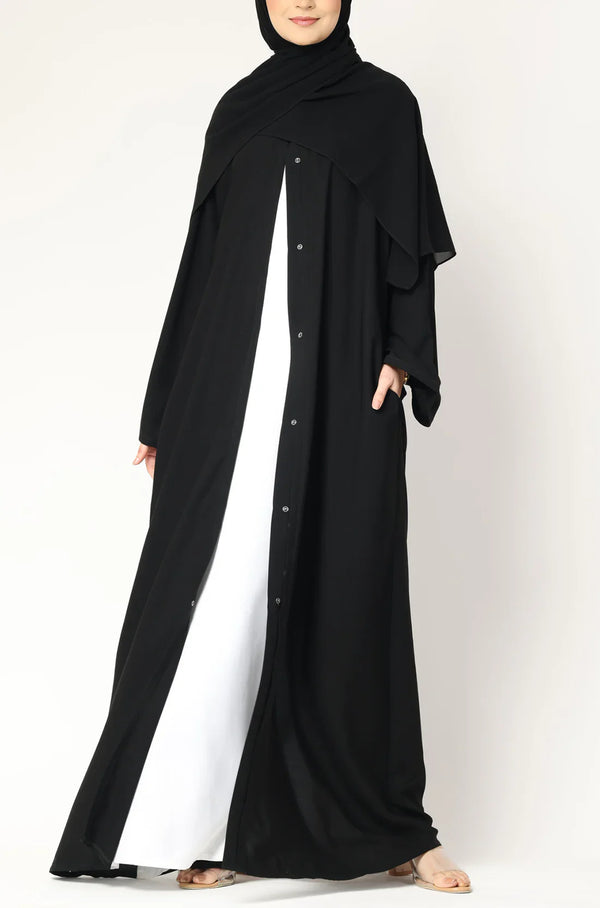 Black Layered Open Abaya with Snap Buttons – Modest Long Sleeve Abaya